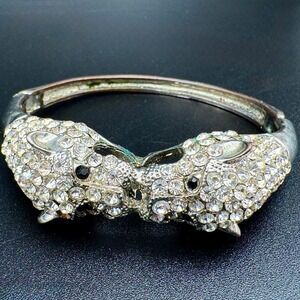 Double Leopard Head Rhinestone Statement Bracelet 7 Figural Hinged Clamper 41g